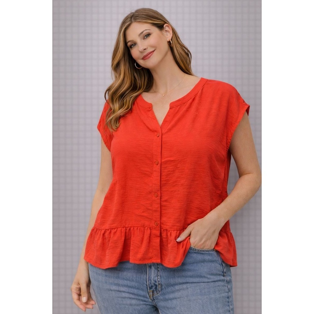 Boboau Women Tomato Red Textured Ruffle Hem Cap Sleeve Button Front Top‎ Size L